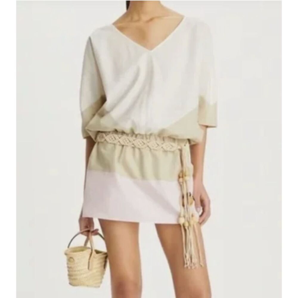 Tory Burch Colorblock V‑Neck Midi Dress in Cream, Tan & Pale Pink